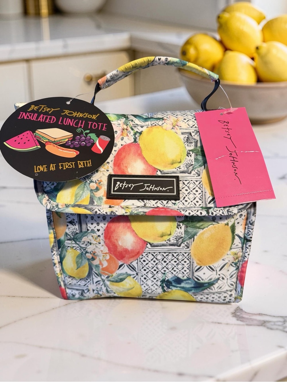 Betsey Johnson NWT pretty Lemons & Oranges Print Insulated Lunch Tote Bag (P257)